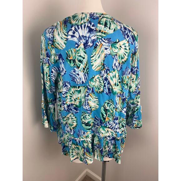 Chico's Summer Romance Bell Sleeve Coastal Shell Cardigan in Poolside Blue Large - Picture 2 of 8